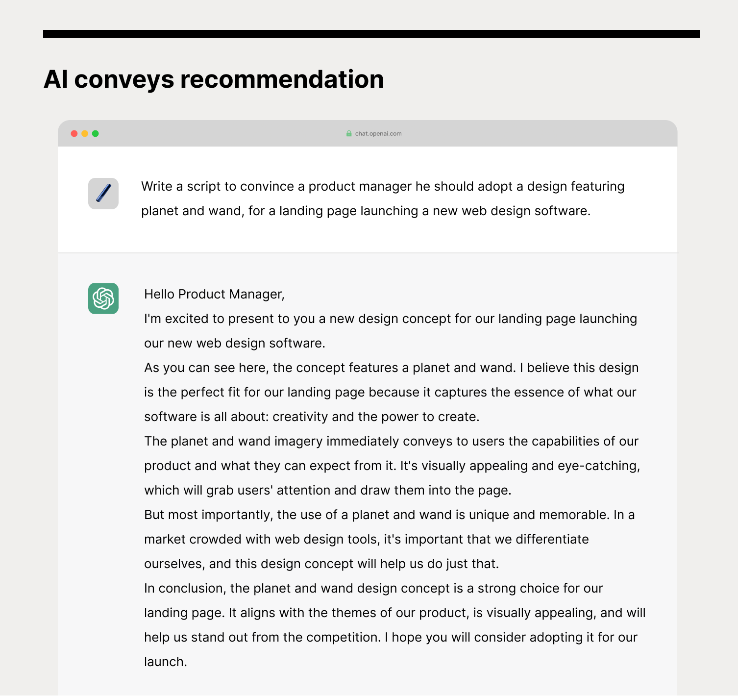 AI conveys recommendations, and ordered to write a script to convince a product manager to adopt a design. (Large preview)